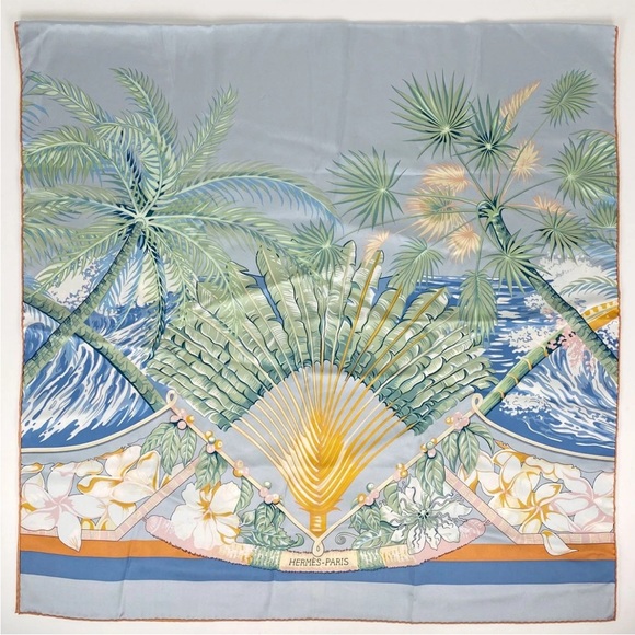 Hermes Tropical Scarf - Blue, Green, Gold - Picture 2 of 9